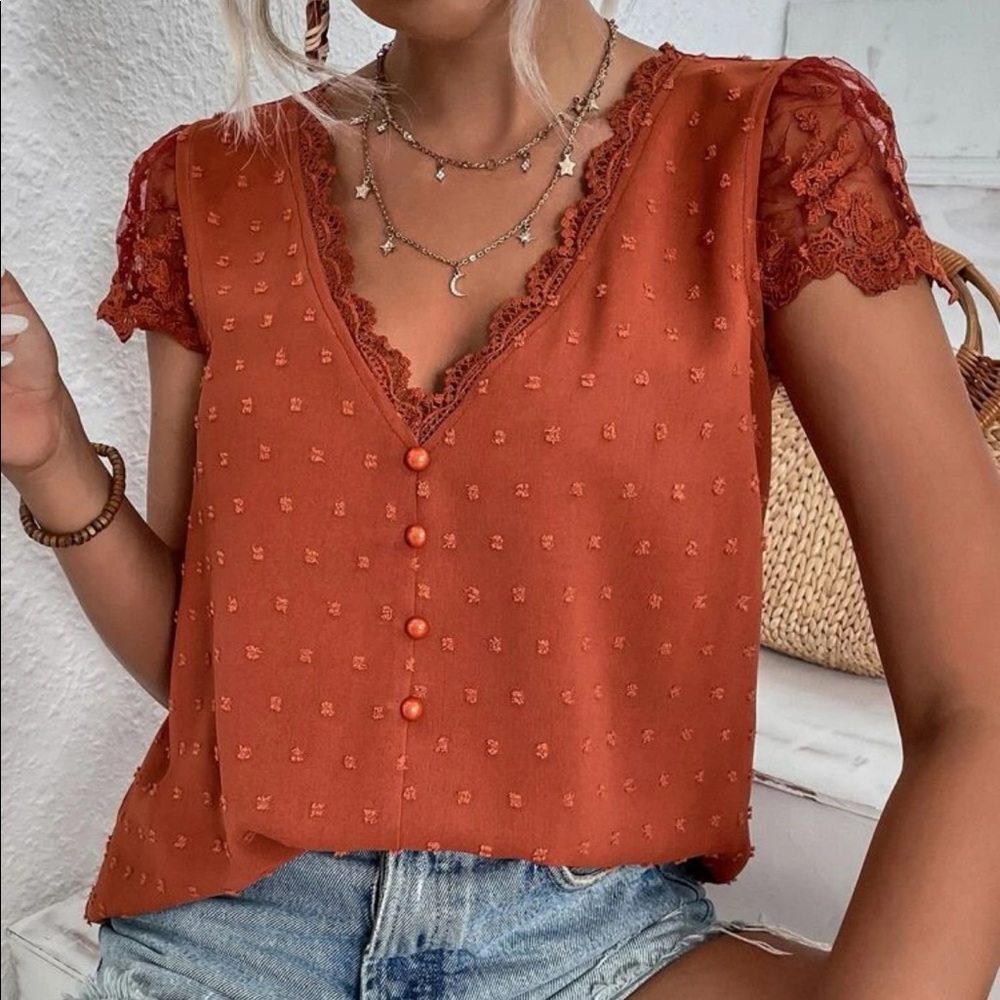 Boho Swiss Dot Floral Lace Contrast Blouse Rust Brown